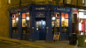 a store front at night